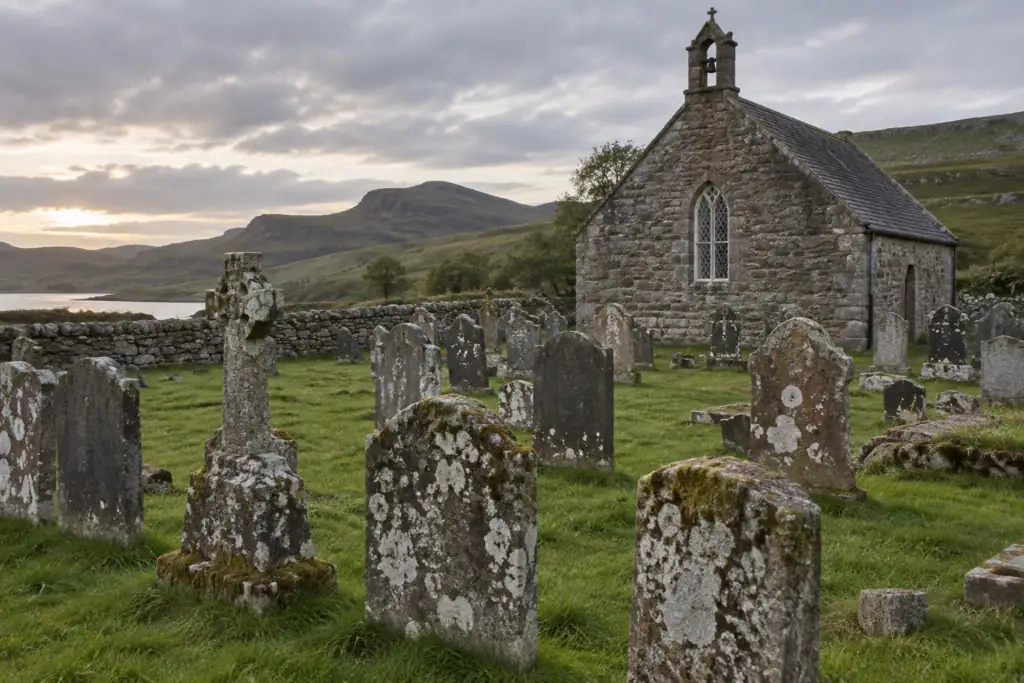Old rural Scottish kirkyard with weathered gravestones beside a small stone parish church
