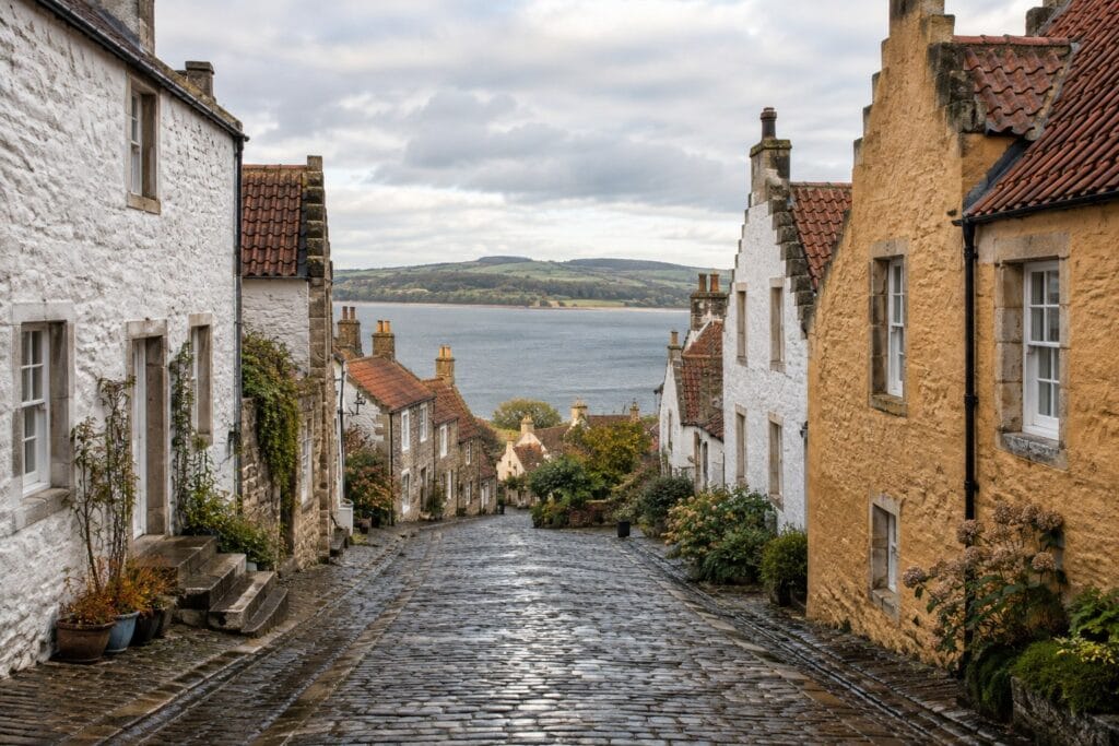 Cobbled lane through a small historic Fife village with traditional ochre-harled cottages