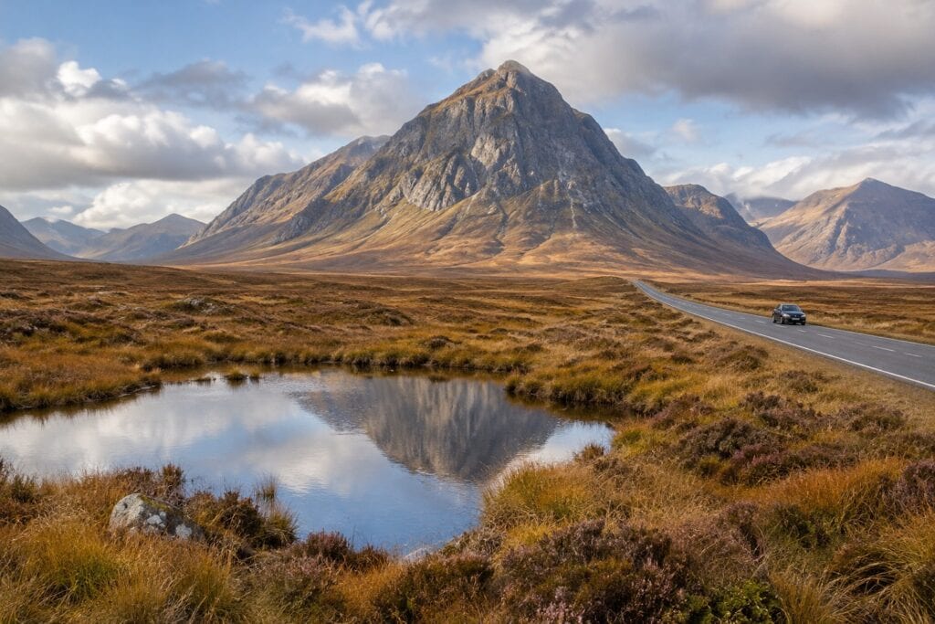 The A82 crossing Rannoch Moor towards Buachaille Etive Mor at the entrance to Glencoe in autumn
