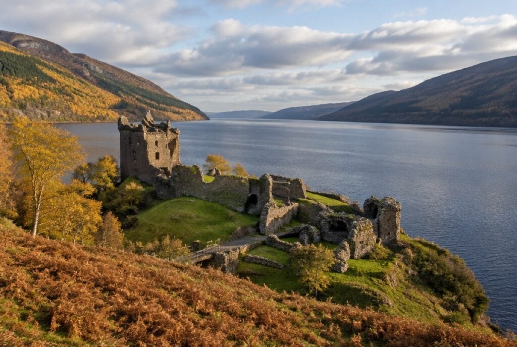 Urquhart Castle ruins on the shore of Loch Ness in autumn, with golden birch trees and russet bracken on the hills