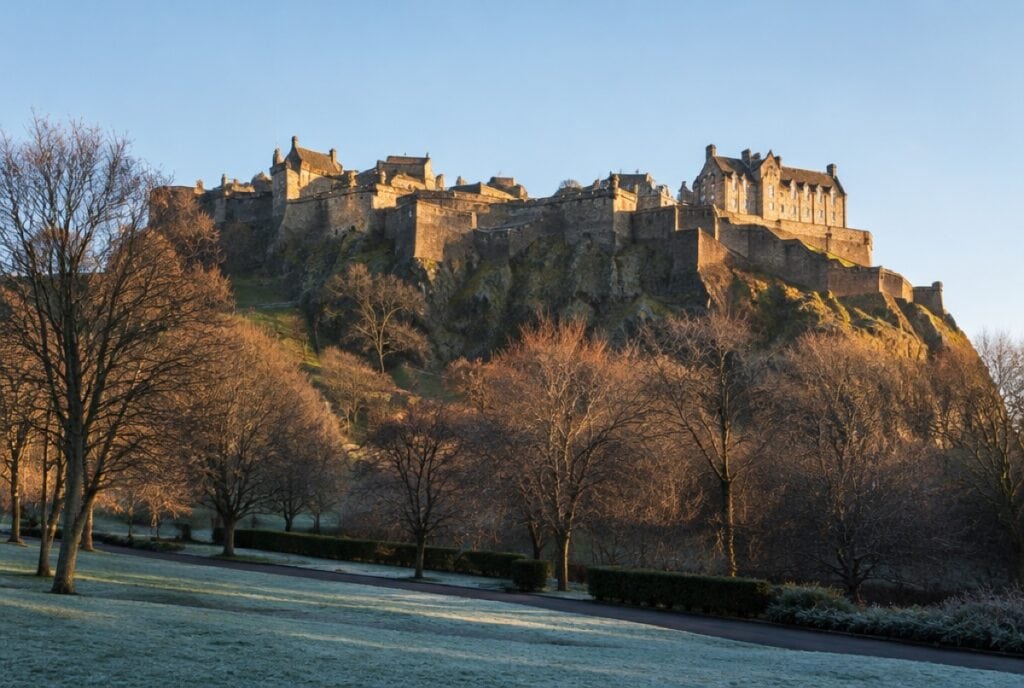 Edinburgh Castle on Castle Rock in low winter sun, seen across frosted grass and bare trees in Princes Street Gardens