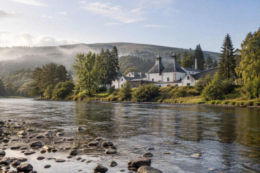 The River Spey in early morning mist with a whitewashed Speyside distillery and pagoda roofs among pine trees