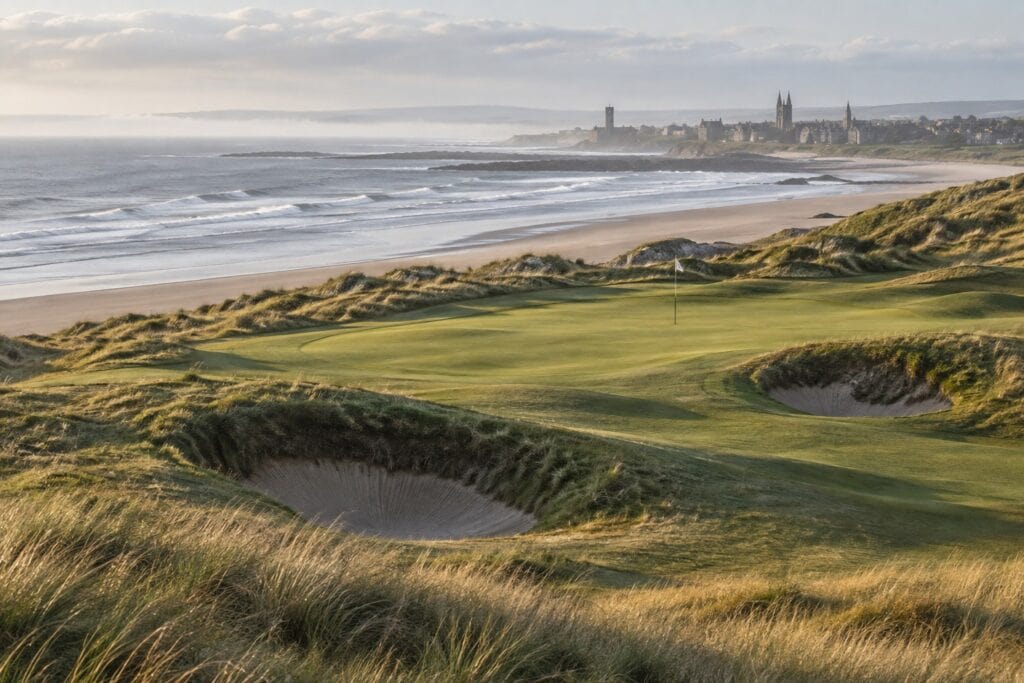 Links golf fairway and pot bunkers above a sandy beach on the Fife coast, with a stone town skyline in early morning light